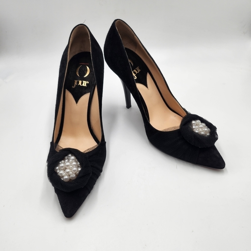 O jour women's black suede leather mesh pearl embellished pumps Sz 7.5